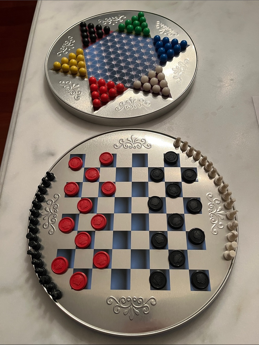 Vintage 3 in 1-Chess, Checkers & Chinese Checkers Games in Tin- Complete